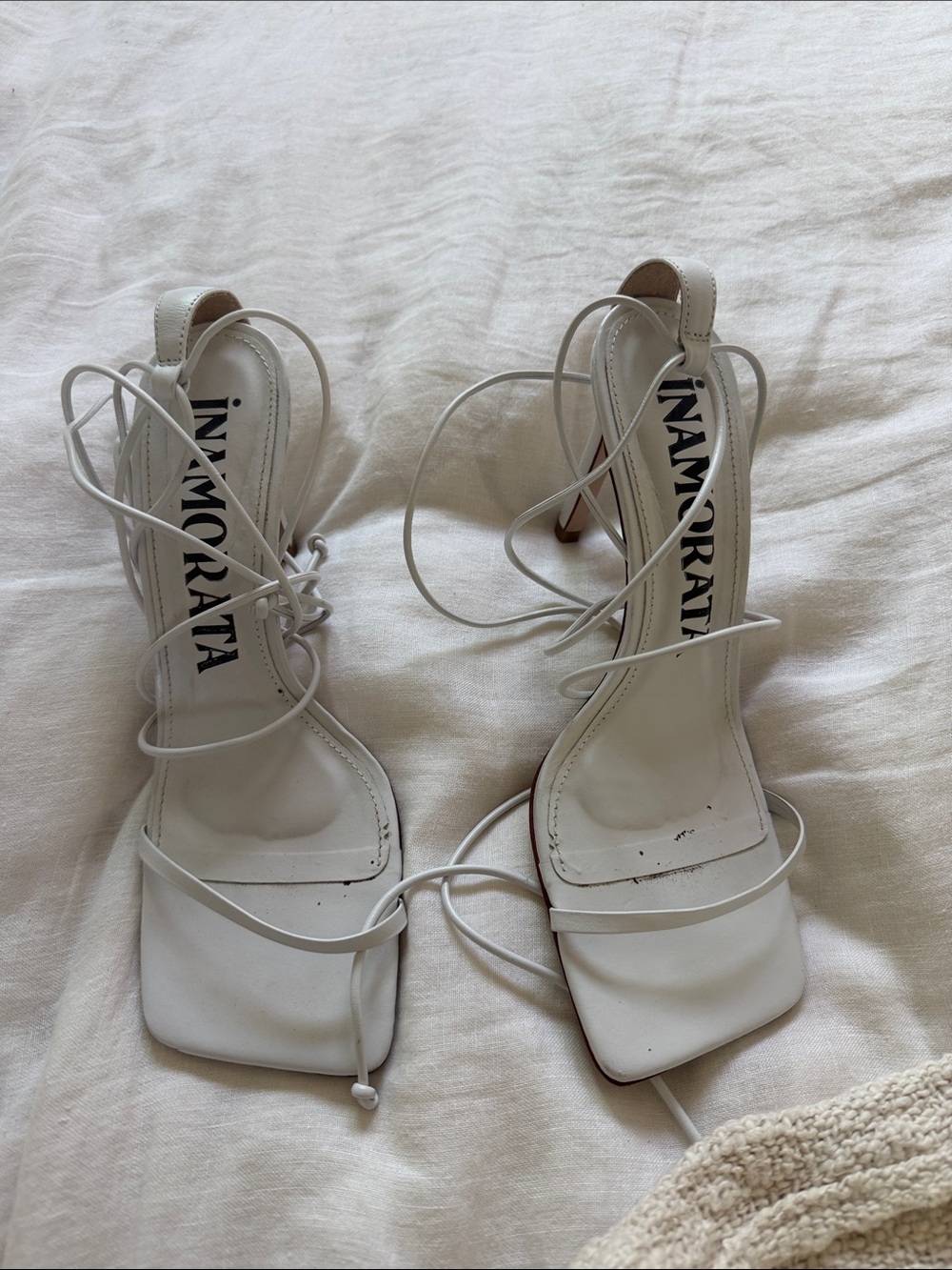 iNAMORATA White Lace-Up Square-Toe Stiletto Sandals